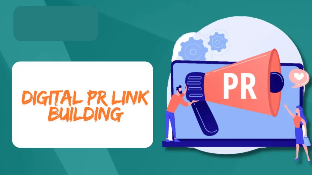 Illustration of digital PR link building with a person pushing a "PR" megaphone on a laptop.