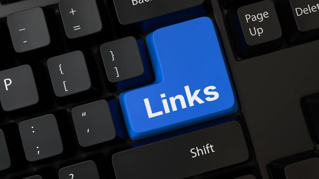 Digital PR link building represented by a computer keyboard key labeled "Links."