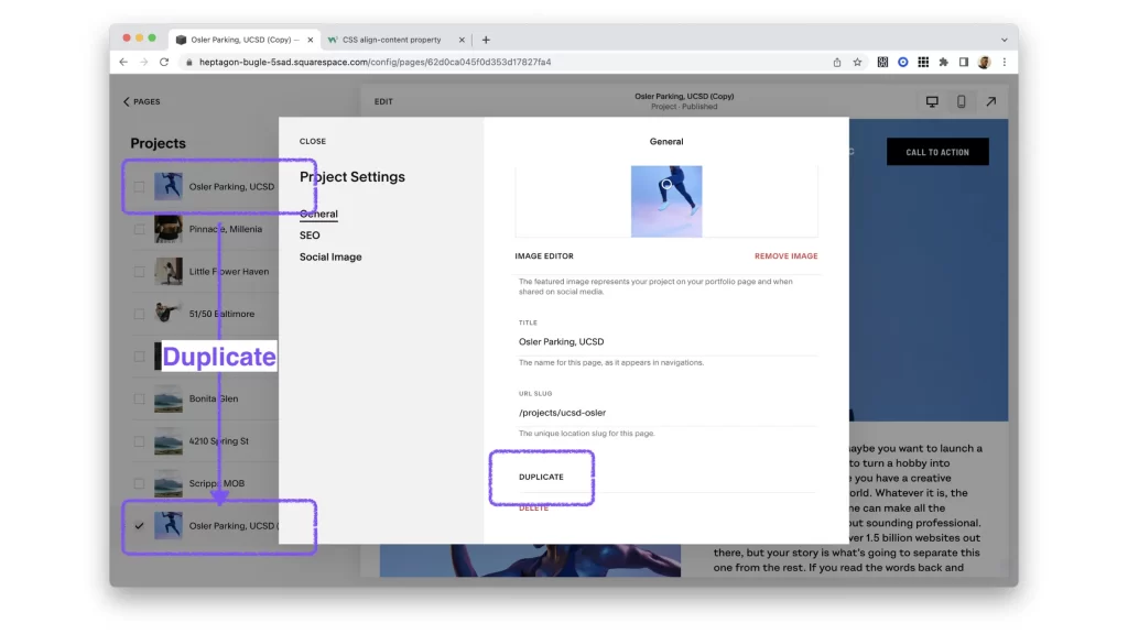 Screenshot showing the process to duplicate a page on Squarespace, highlighting the duplicate button in the interface.