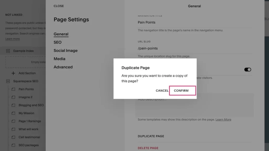 A confirmation pop-up for duplicating a page on Squarespace, confirming the action to create a page copy.